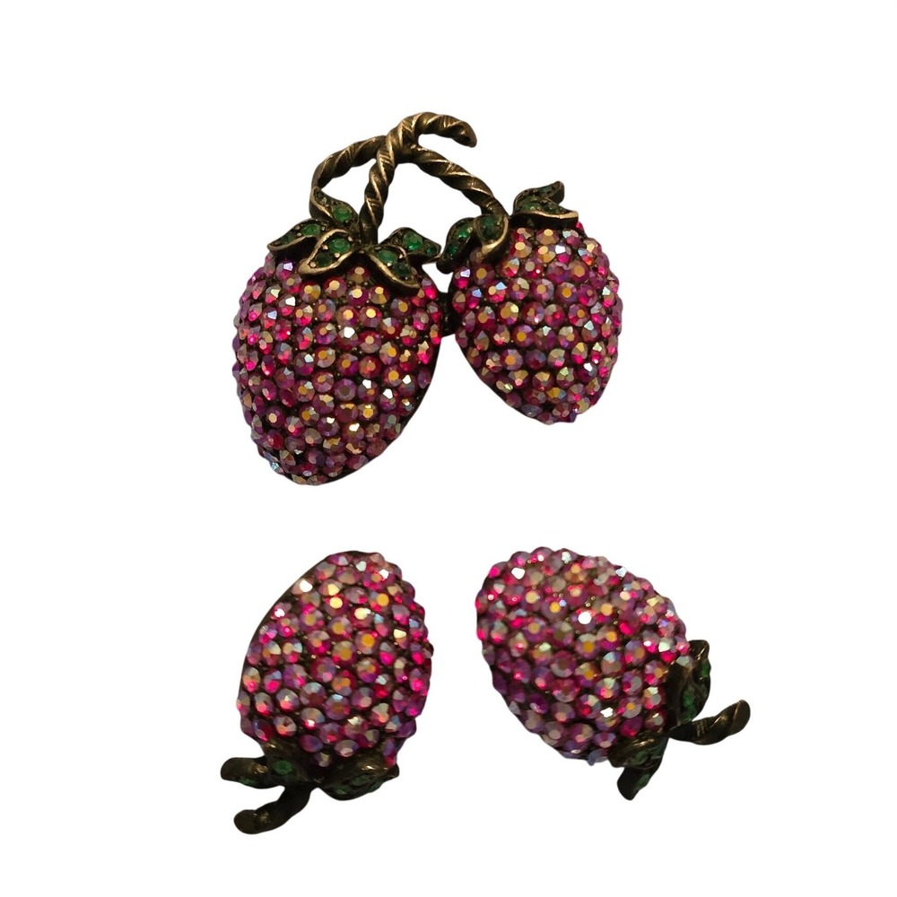 Weiss Vintage Japaned AB Red Strawberry Brooch & Clip-On Earrings Set